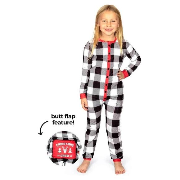 🎄 Girl’s Christmas Crew Plaid Onesie Pajamas Black White Red XS NEW 🎅 - Picture 1 of 5